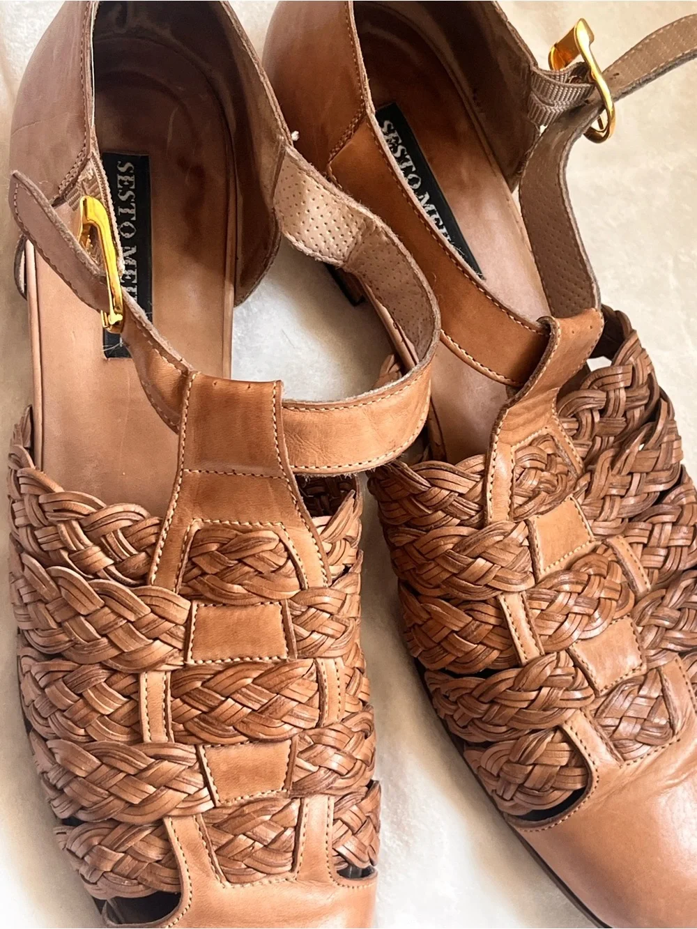 Sesto Meucci Woven Leather Flats in Tan Brown with Gold Buckle